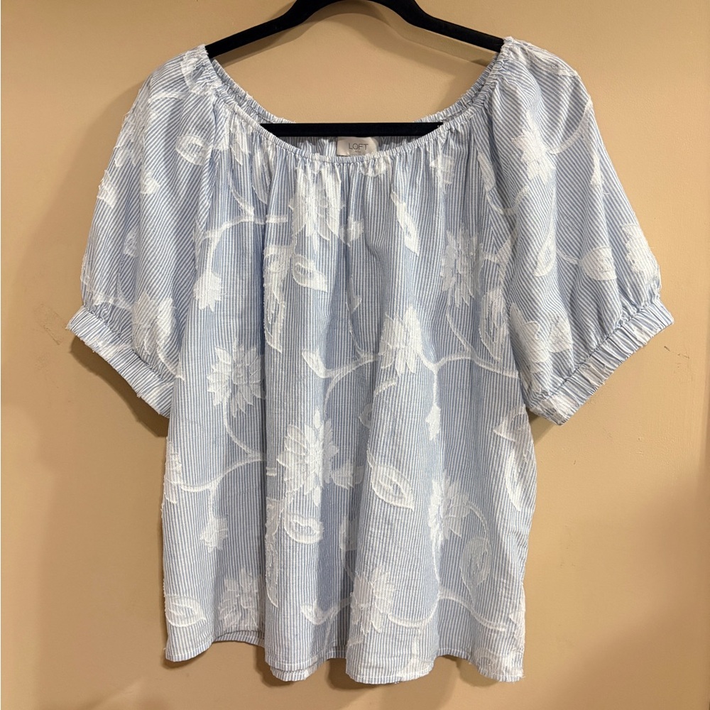 LOFT Peasant Blouse Light Blue & White Stripes with White Floral Details Large